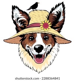 Hipster dog Pembroke Welsh corgi breed in straw hat with birs and flower