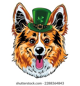 Hipster dog Pembroke Welsh corgi breed in green leprechaun hat with clover leaf