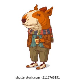 A hipster dog, vector illustration. Stylish humanized bull terrier. Positive trendy dressed anthropomorphic dog, standing still and holding a mug of tea or coffee. Animal character with human body