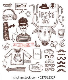 Hipster doodle set, hand drawn illustration.   