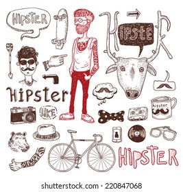 Hipster doodle set, hand drawn illustration.   