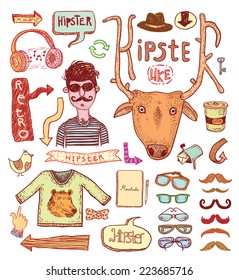 Hipster doodle set, hand drawn illustration.   