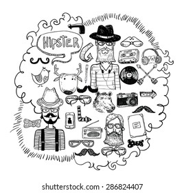 Hipster doodle set, hand drawn illustration.   