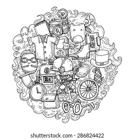 Hipster doodle set, hand drawn illustration.   