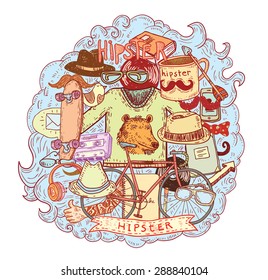 Hipster doodle set, hand drawn illustration.   