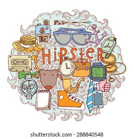 Hipster doodle set, hand drawn illustration.   