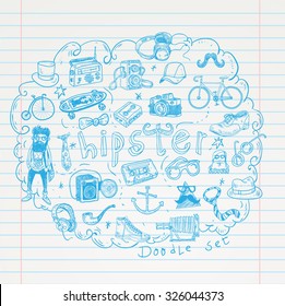 Hipster doodle set, hand drawn illustration.   
