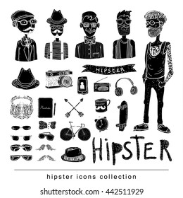 Hipster doodle set, hand drawn illustration. black