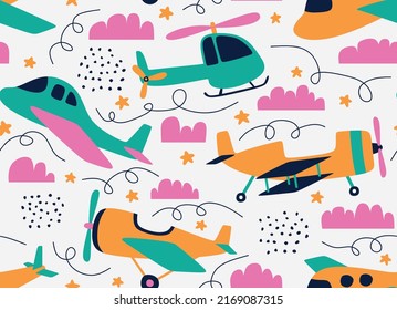 Hipster Doodles Colorful Seamless Pattern with  plane drawing