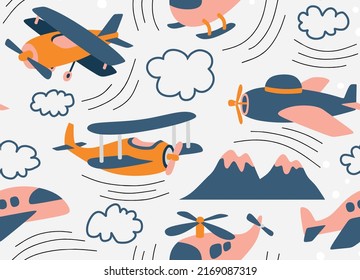 Hipster Doodles Colorful Seamless Pattern with  plane drawing