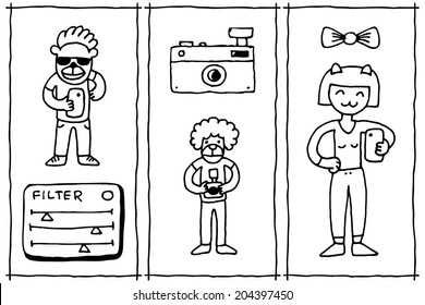 Hipster doodles selfie 4. Hand drawn vector illustration.