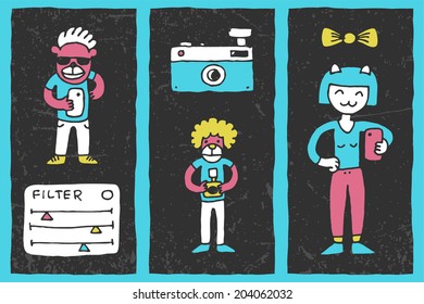 Hipster doodles selfie colorful on dark 4. Hand drawn vector illustration.