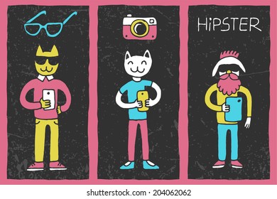 Hipster doodles selfie colorful on dark 5. Hand drawn vector illustration.