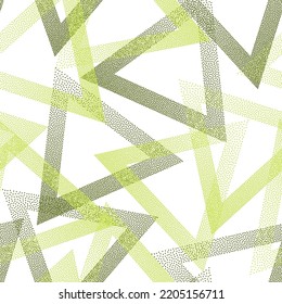 Hipster dotwork triangles vector seamless pattern. Geometric periodic background with dots texture. Gradient triangles of halftone dots seamless ornament. Simple shapes grid.