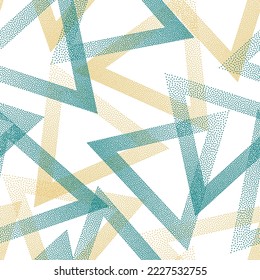 Hipster dotwork triangles vector seamless pattern. Geometric infinite background with dots texture. Gradient triangles of chevron dots seamless ornament. Textile print.