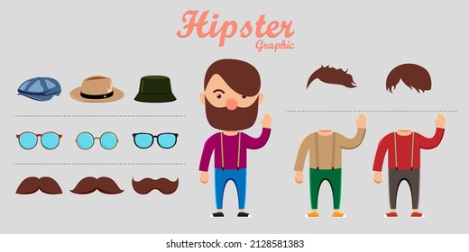 Hipster dress up constructor set you can choose costume Clothes, hairstyles, hats, glasses and mustaches. Cartoon vector illustration character design