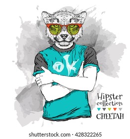 Hipster dressed cheetah in t-shirt and with the glasses, headphones. Vector illustration.
