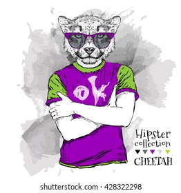 Hipster dressed cheetah in t-shirt and with the glasses, headphones. Vector illustration.