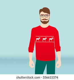 Hipster dressed in Christmas style. Vector illustration.