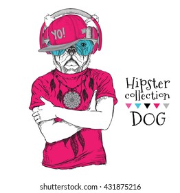 Hipster dressed  dog up in t-shirt, cap and wiht the glasses, headphones. Vector illustration.