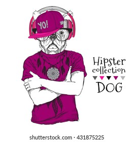 Hipster dressed  dog up in t-shirt, cap and wiht the glasses, headphones. Vector illustration.