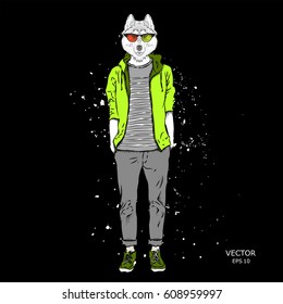 Hipster dressed husky up in jacket, pants and sweater. The old city of Prague. Vector illustration,