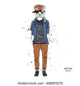 Hipster dressed panda up in jacket, pants and sweater. The old city of Prague. Vector illustration,