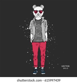 Hipster dressed panda up in jacket, pants and sweater. The old city of Prague. Vector illustration,