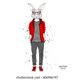 Hipster dressed rabbit up in jacket, pants and sweater. The old city of Prague. Vector illustration,