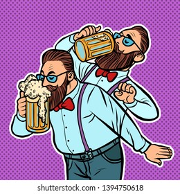 hipster drinking a mug of beer. Comic cartoon pop art retro drawing illustration