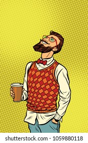 Hipster drinks coffee and looks up. Pop art retro comics cartoon vector illustration kitsch drawing