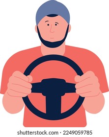 Conducción con hipster. Joven sosteniendo el volante