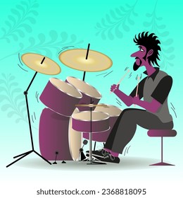 Hipster drummer plays. Cartoon character musician. Vector.