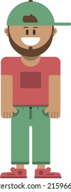 Hipster dude, man with beard, guy in red t-shirt and green pants, cap.  Isolated vector illustration.