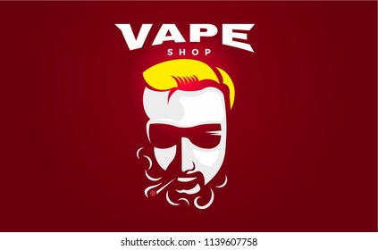 Hipster dude with mustache and beard. Man with vape and cloud. Electronic Cigarette. Vector. Stickers, Logo, Emblem