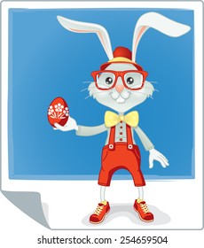 Hipster Easter Bunny Cartoon - Vector cartoon of funny rabbit holding and Easter egg