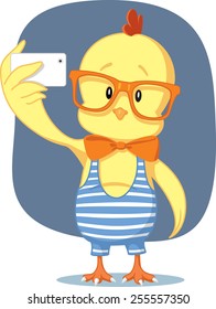 Hipster Easter Chick Takes Selfie with Smartphone - Vector cartoon of funny chicken taking a self picture 