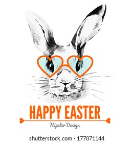 Hipster Easter rabbit. Card with sketch watercolor hand drawn illustration	