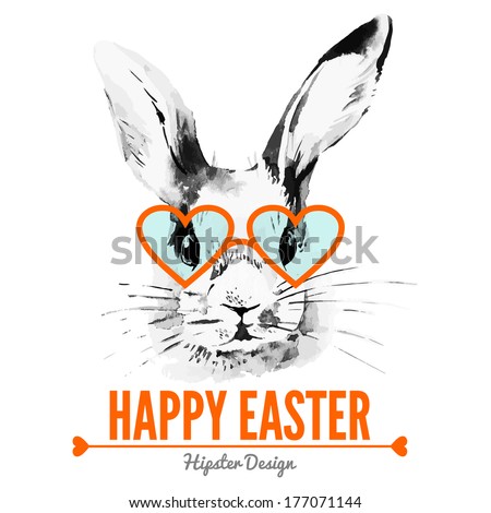 Hipster Easter rabbit. Card with sketch watercolor hand drawn illustration	