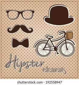 Hipster element collection, vintage or retro eye glasses, mustache, bow tie, hat and bicycle on a polka dot background, for scrapbooking, vector format.