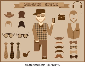 Hipster elements and icons collection with vintage and retro style character