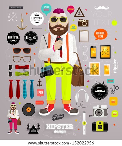 Hipster elements and icons set with Hipster Character for vintage style design