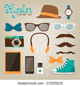 Hipster elements icons set of glasses bow hat and modern mobile phone vector illustration