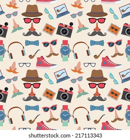 Hipster elements seamless pattern with gumshoes bowtie mustaches smoking pipe vector illustration