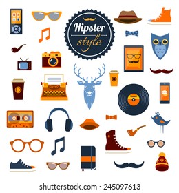 Hipster elements set with nerd clothing accessory and hobby icons isolated vector illustration