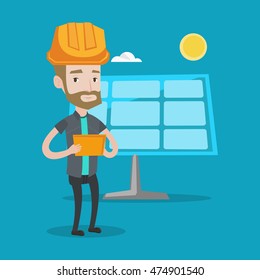 A hipster engineer with the beard working on digital tablet at solar power plant. Young worker in hard hat checking solar panel setup. Vector flat design illustration. Square layout