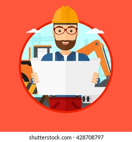 A hipster engineer watching a blueprint at construction site. Man with engineer blueprint. Engineer holding a blueprint. Vector flat design illustration in the circle isolated on background.