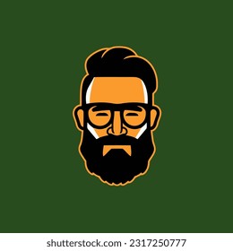 Hipster face with beard and glasses. Vector illustration on a green background. Logo Design Template