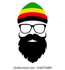 Hipster face with colorful rasta hat, vector cartoon on white background