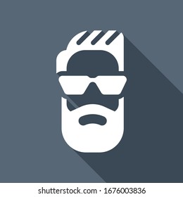 Hipster face, fashion logo, modern man. White flat icon with long shadow on blue background